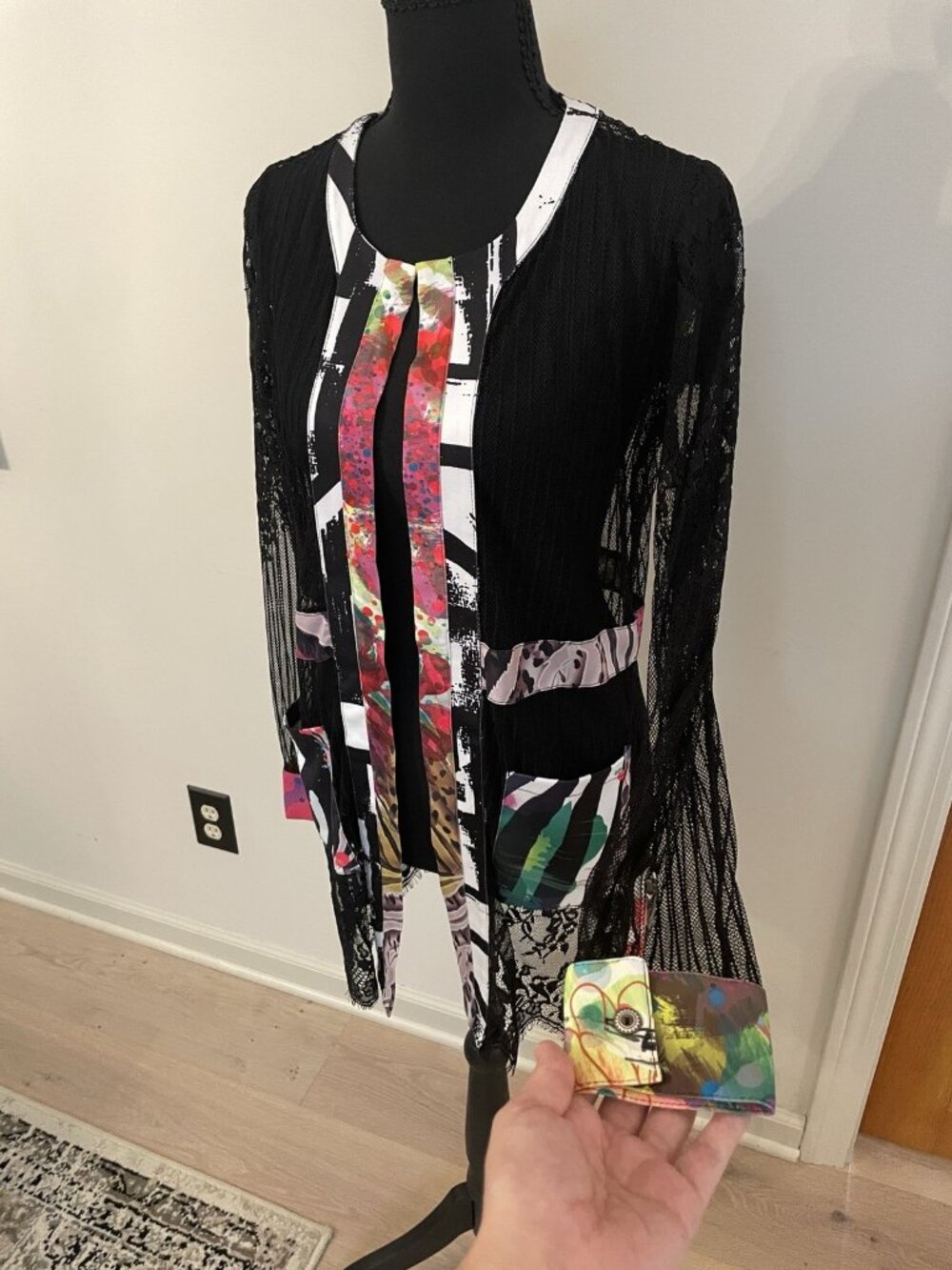 Mona Leah Couture Sheer Lace Top Colorful Artsy Pockets Lacy Sweater Unique, M - Picture 4 of 8